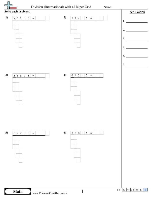 Division (International) with a Helper Grid Worksheet - Division (International) with a Helper Grid worksheet